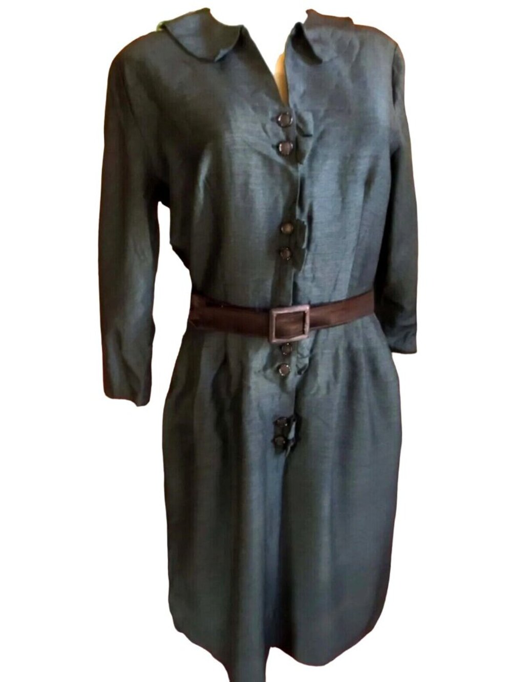 True Vintage Dress 1950's 10 Green Long-Sleeve Belt Button Librarian Secretary